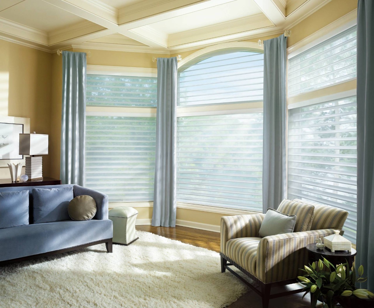 Bay window shades in a living room near Flower Mound, TX