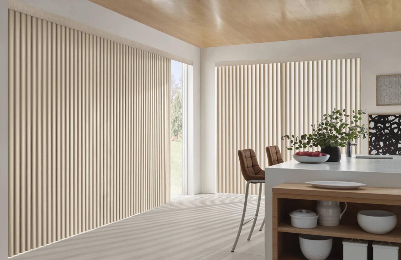 Hunter Douglas vertical blinds covering sliding glass doors in a home near Flower Mound, TX